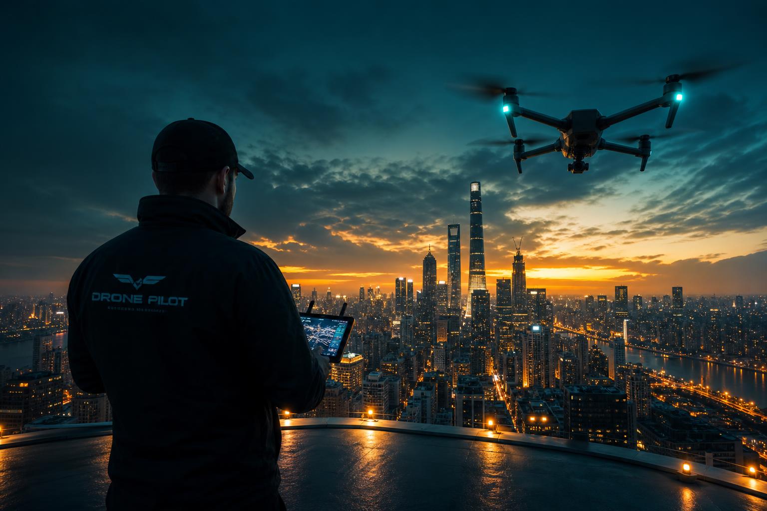 Drone pilot flying over a glowing city at dusk