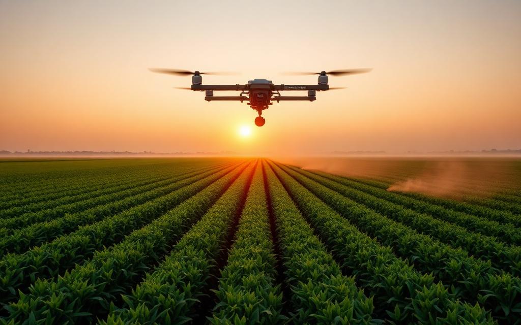 Heavy-lift agricultural spray drone over green crop rows at sunrise