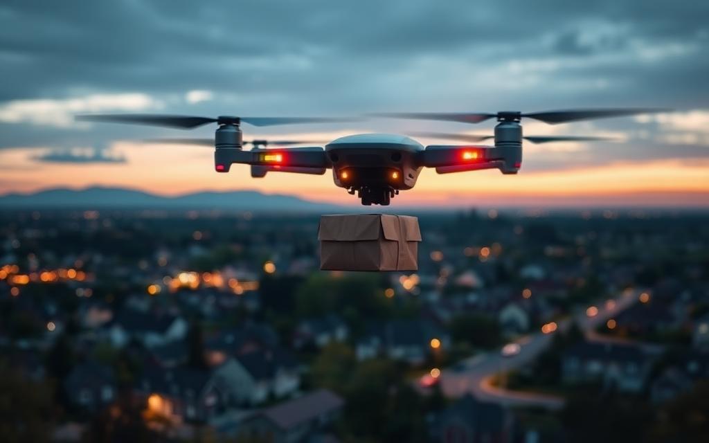 Autonomous delivery drone carrying a package over a suburban landscape at dusk