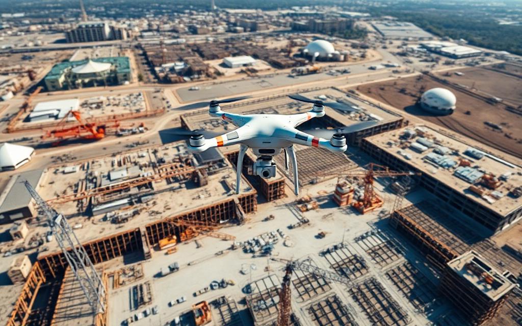 Survey drone flying a grid pattern over a large construction site