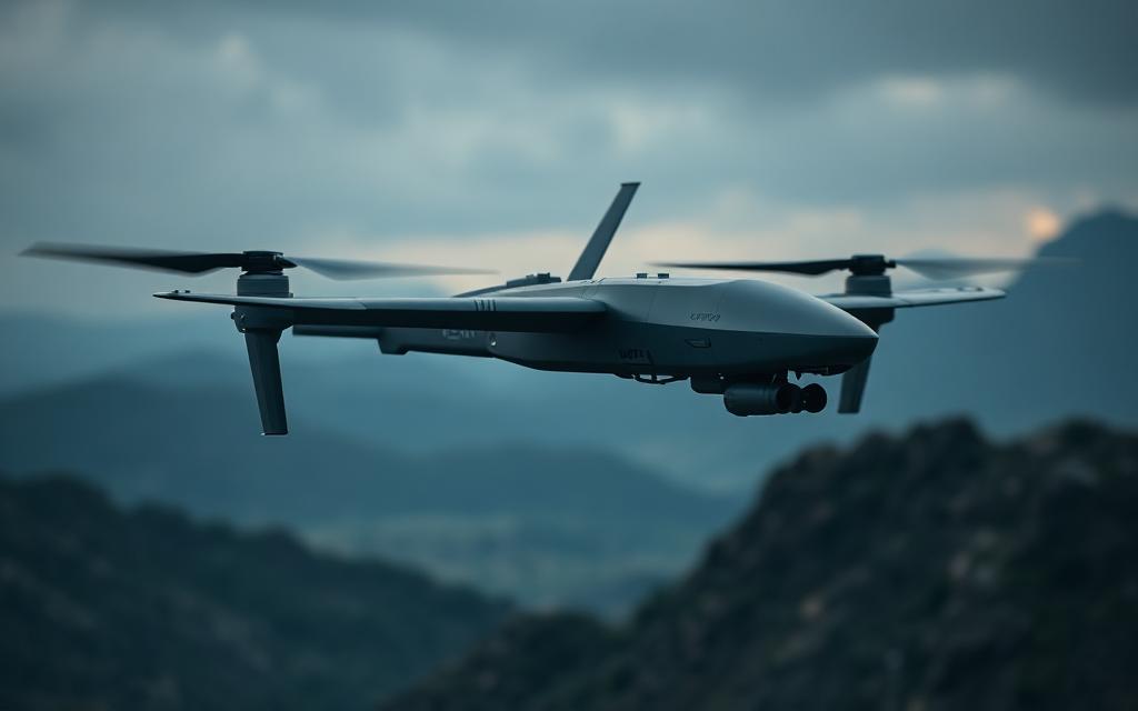 Tactical military drone flying over rugged contested terrain at dusk
