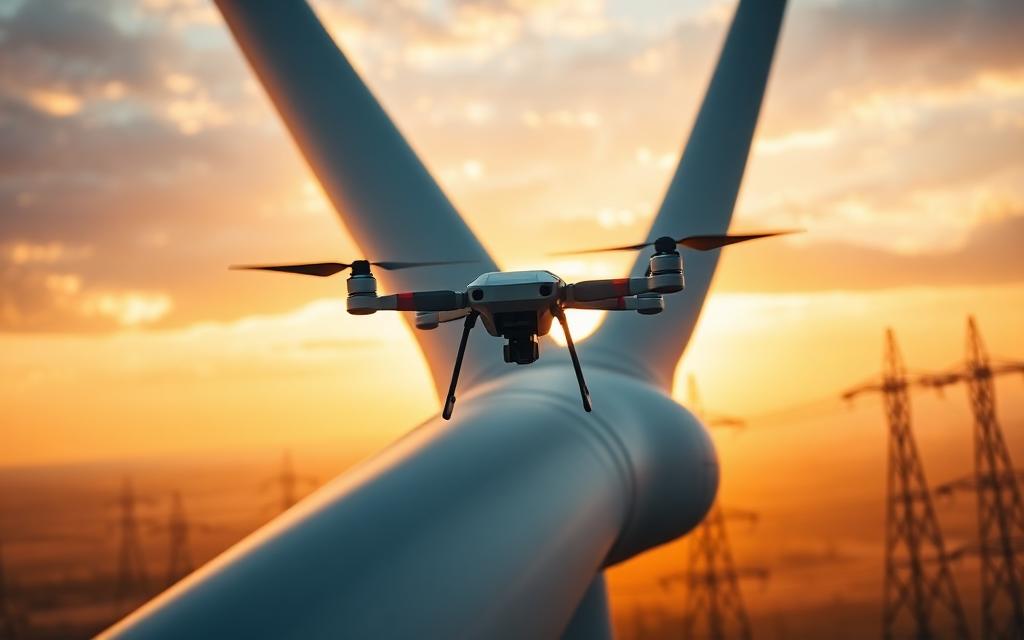 Inspection drone hovering near a wind turbine blade with high-voltage transmission lines in the background