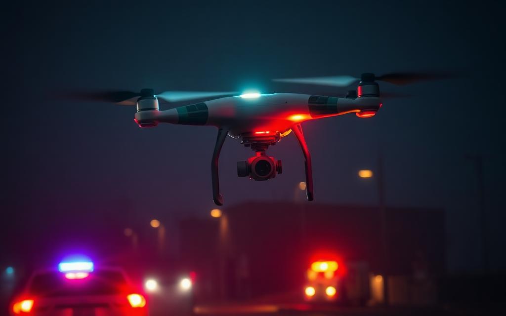 Public safety drone with thermal camera operating at night above emergency vehicles